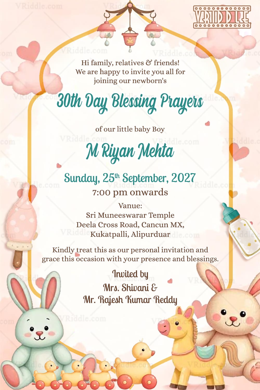Pastel Themed 30th Day Blessing Prayers Invitation Card with Bunny and Cute Animal Toys