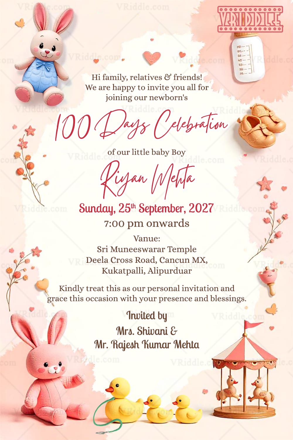 Pastel Themed Baby 100 Days Celebration Invitation Card with Ducks and Carousel Design