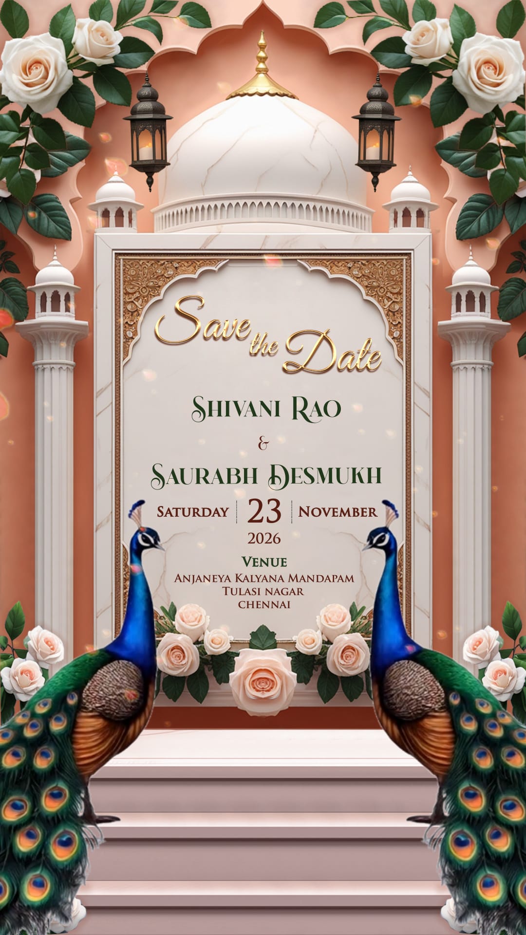 Peacock Theme Save the Date Invitation Video with Dome Arch, Lanterns and Floral Decor