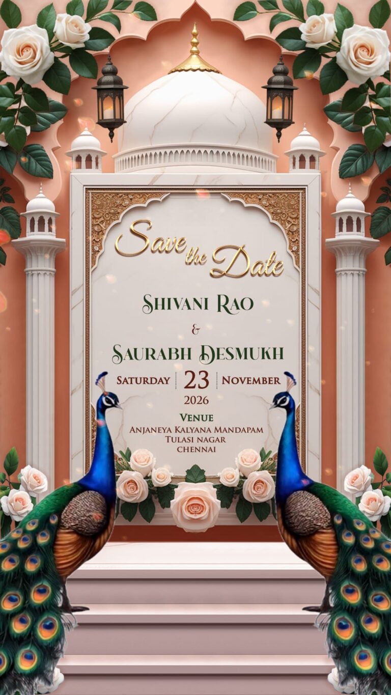Peacock Theme Save the Date Invitation Video with Dome Arch, Lanterns and Floral Decor