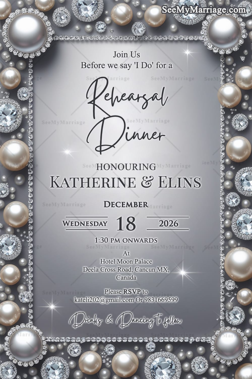 Pearl Diamond Rehearsal Dinner Invitation Card with Glamorous Silver Theme and Luxury Gem Accents