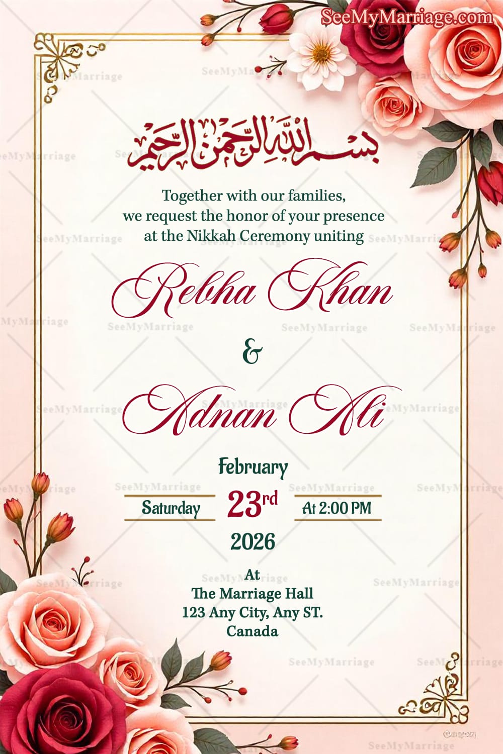 Pink Rose Theme Nikkah Walima Invitation Card with Arabic Calligraphy