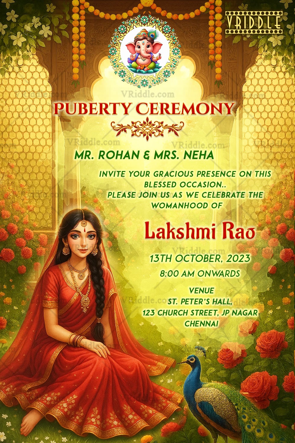 Puberty Ceremony Invitation Featuring Radha-Inspired Girl Illustration with Floral Decor and Divine Vibes
