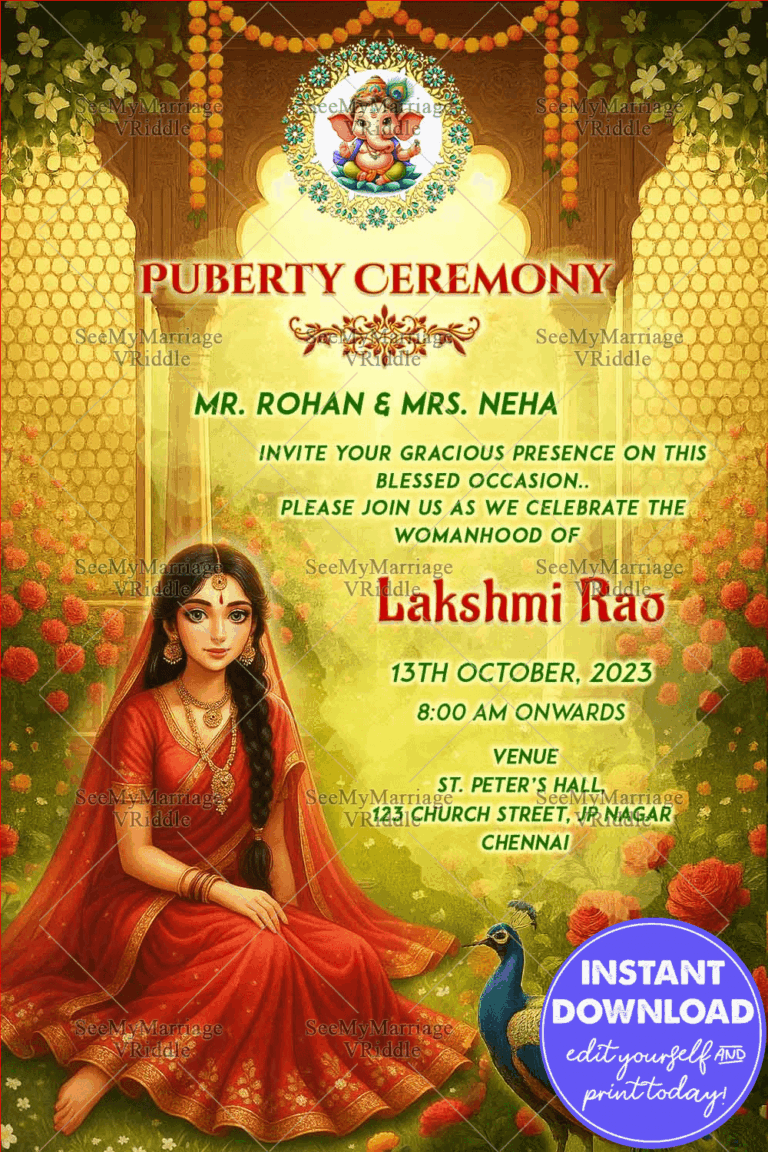 Puberty Ceremony Invitation Featuring Radha-Inspired Girl Illustration with Floral Decor and Divine Vibes