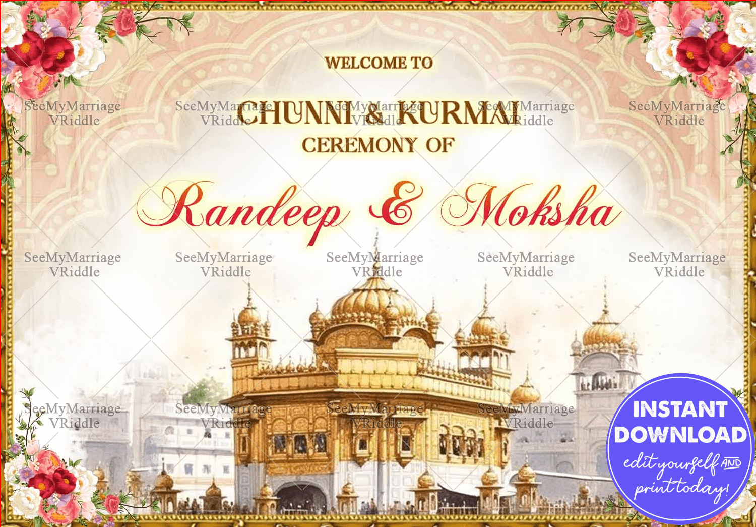 Punjabi Chunni & Kurmai Ceremony Welcome Sign Board Featuring Traditional Golden Temple Illustration and Floral Accents
