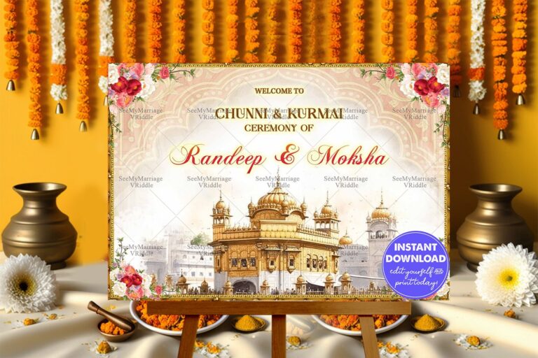 Punjabi Chunni & Kurmai Ceremony Welcome Sign Board Featuring Traditional Golden Temple Illustration and Floral Accents