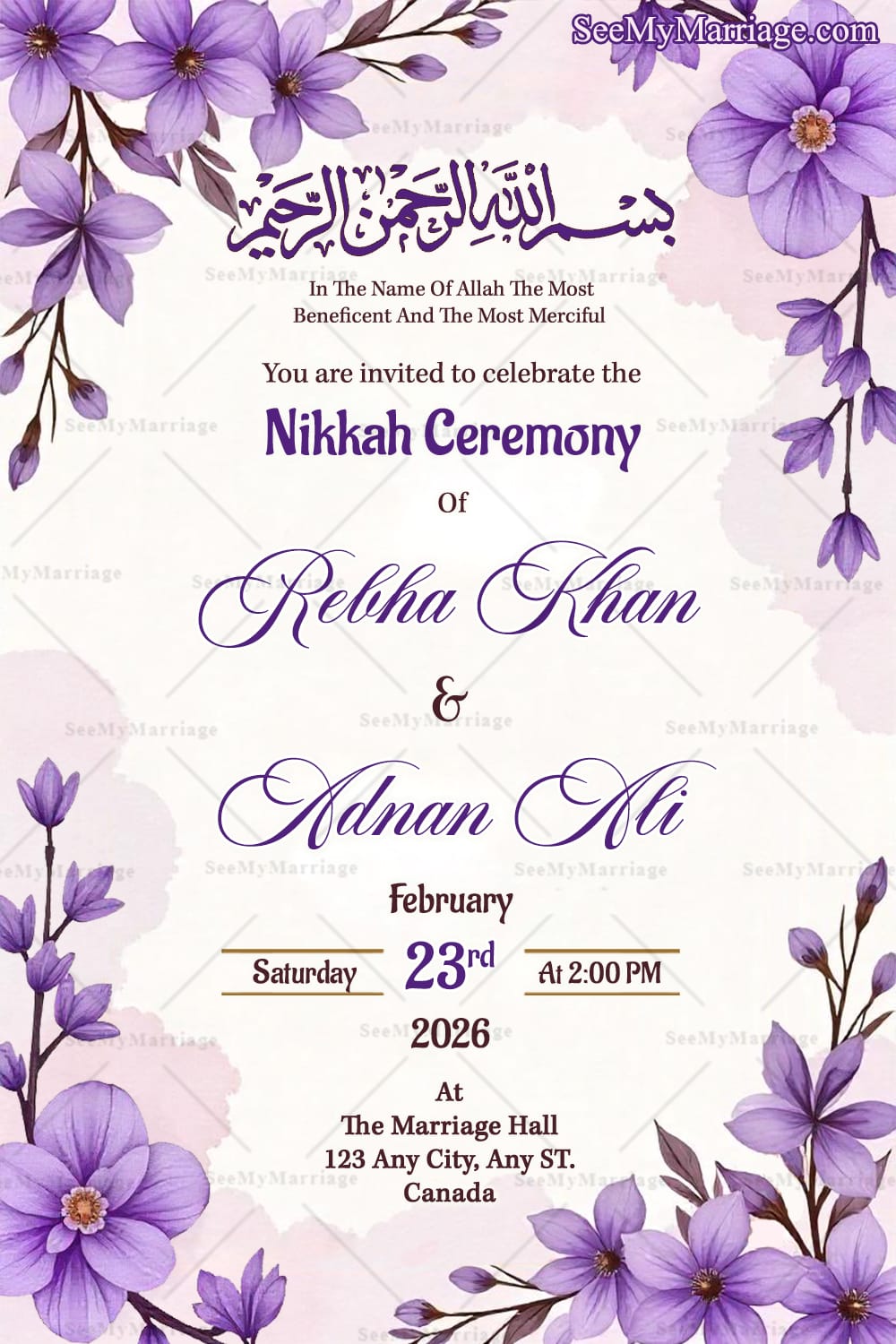 Purple Blossoms Nikkah Walima Invitation Card with Floral Watercolor Design
