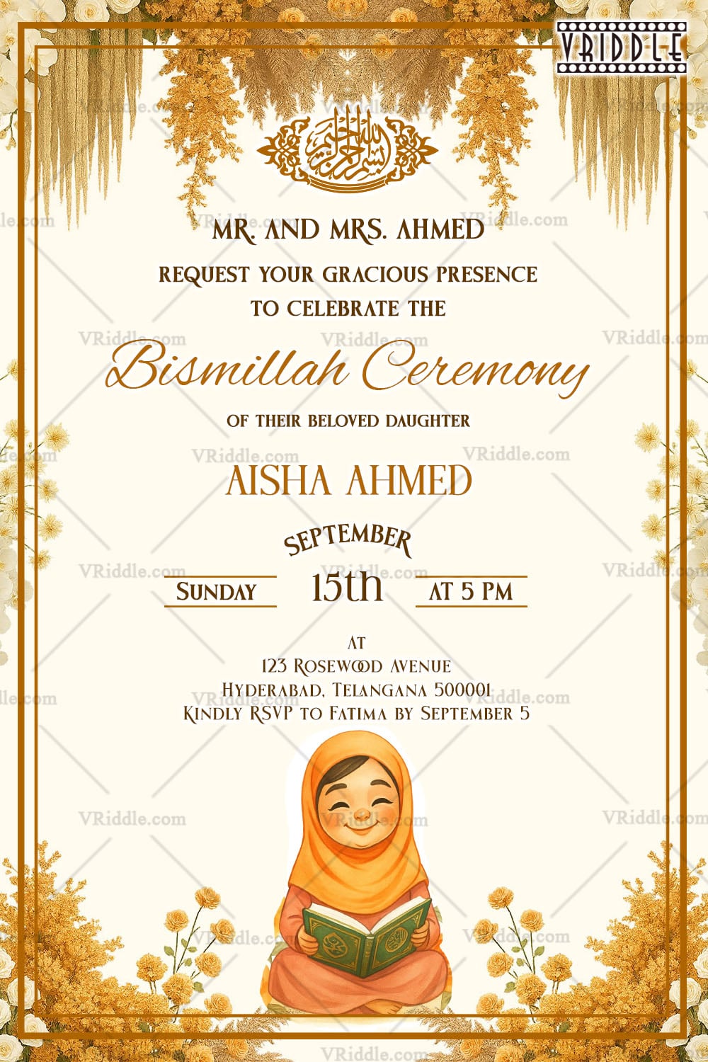Quran Reading Girl Theme Bismillah Ceremony Invitation Card with Golden Yellow Floral Design on White BG