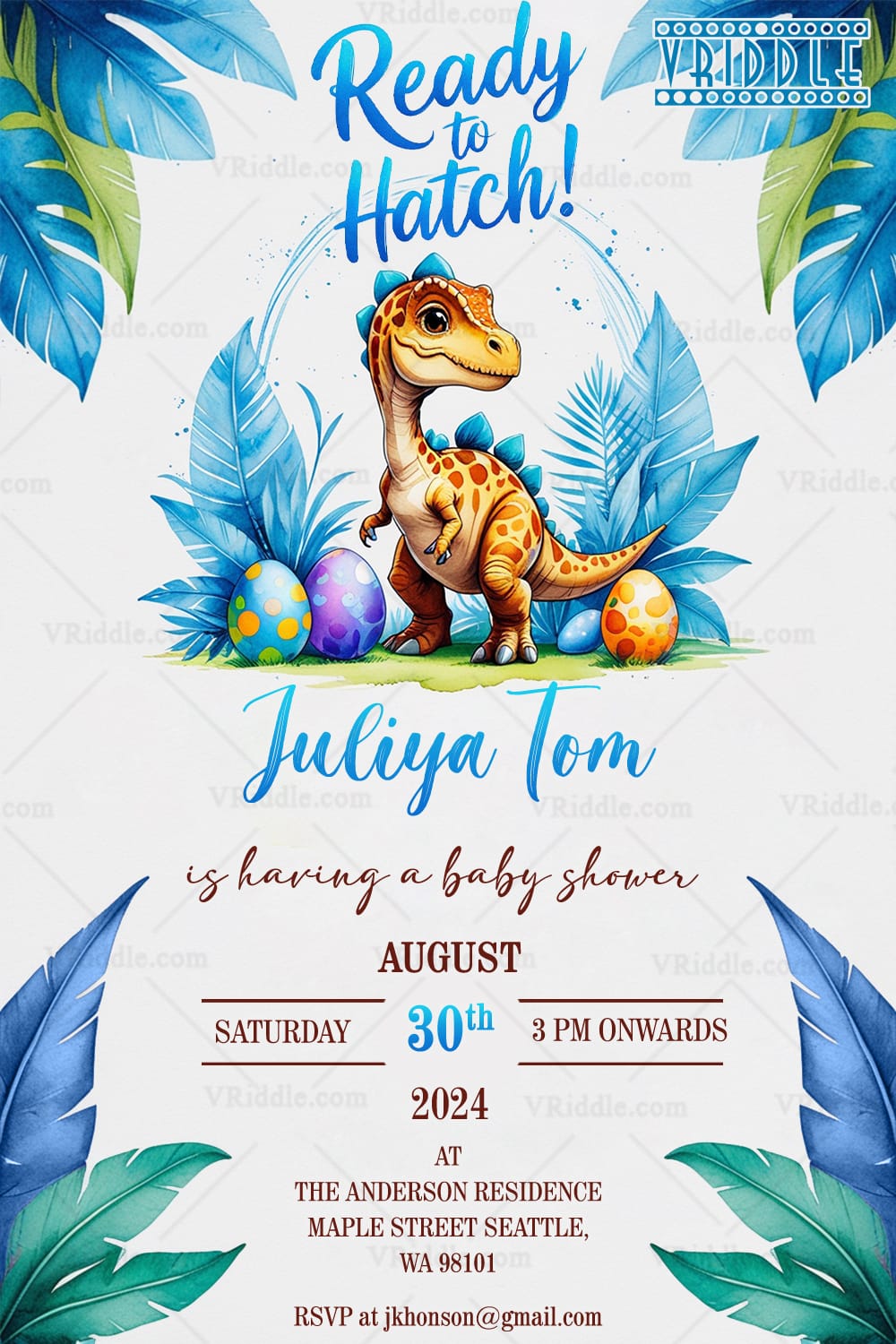 Ready to Hatch Dinosaur Baby Shower Invitation with Eggs and Tropical Leaves Design
