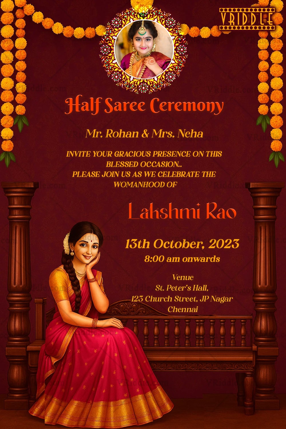 Rich Maroon Theme South Indian Half Saree Ceremony Invitation with Marigold Flower and Girl Sitting Illustration with Add Photo Option