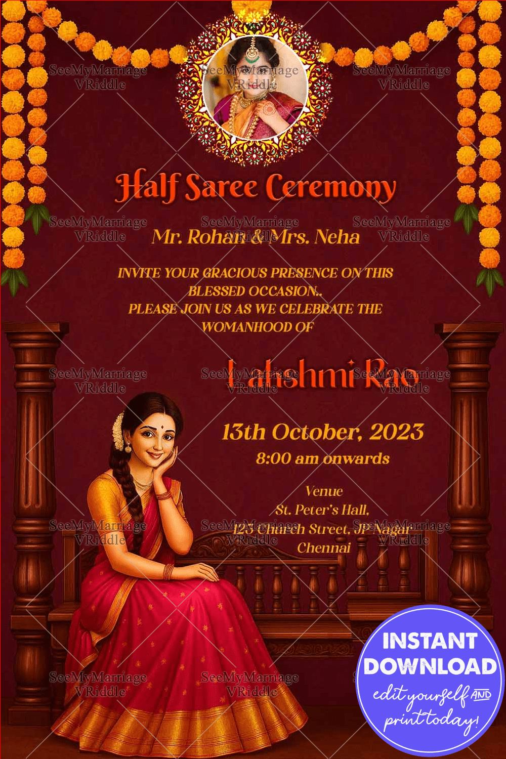 Rich Maroon Theme South Indian Half Saree Ceremony Invitation with Marigold Flower and Girl Sitting Illustration with Add Photo Option