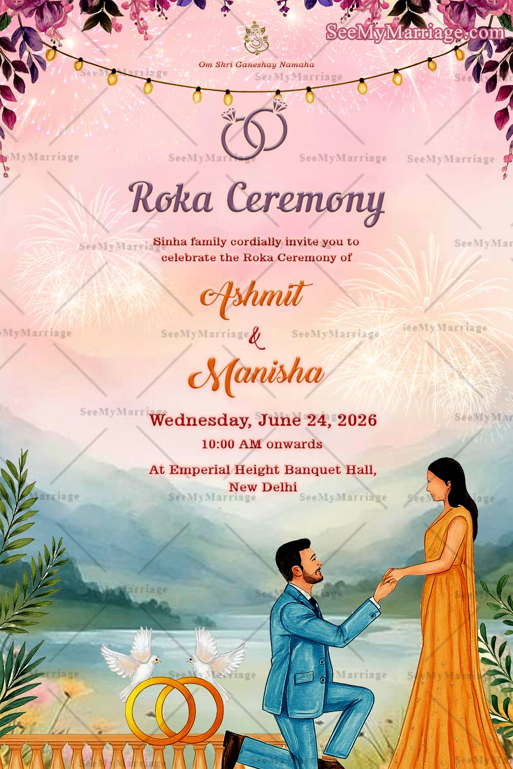 Romantic Proposal Roka Ceremony Card with Elegant Floral Theme, Fireworks and Watercolor Landscape