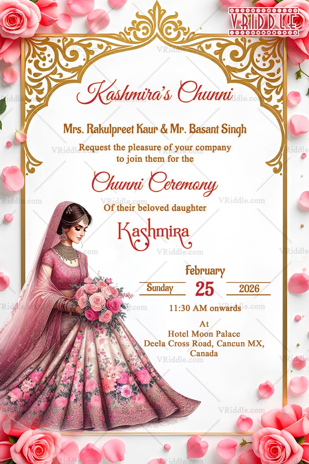 Rose Gold Chunni Ceremony with Elegant Bride Illustration, Floral Details and Ornate Frame