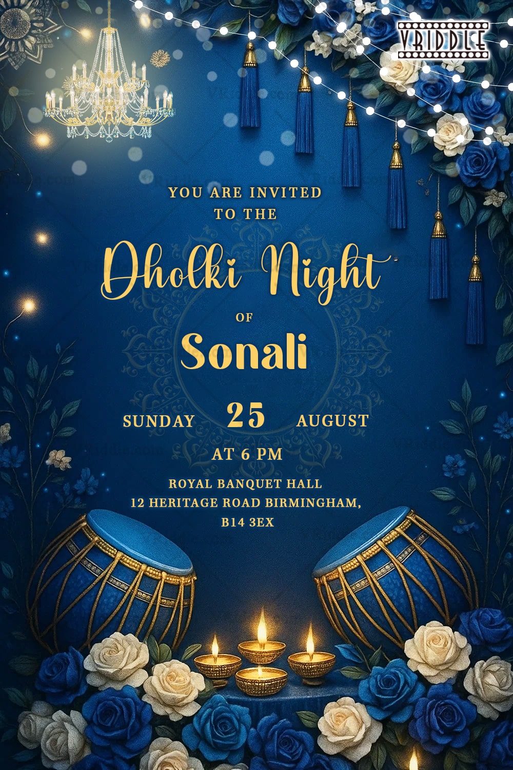 Royal Blue Dholki Night Invitation with Golden Chandeliers Luxurious Lights, Floral Decor and Hanging Tassels