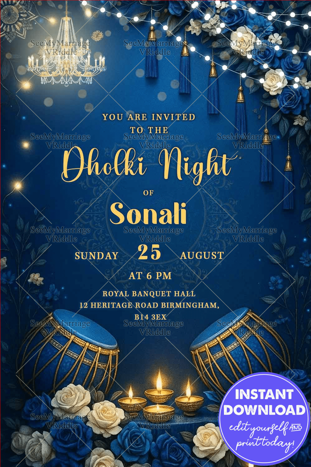 Royal Blue Dholki Night Invitation with Golden Chandeliers Luxurious Lights, Floral Decor and Hanging Tassels