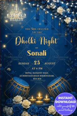 Royal Blue Dholki Night Invitation with Golden Chandeliers Luxurious Lights, Floral Decor and Hanging Tassels