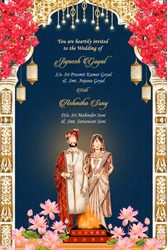 Royal Indian Cultural Theme Wedding Invitation Video with Bride Groom Illustration and Sangeet, Haldi, Mehendi, Dinner Party, Bharaat, Pheras, Reception