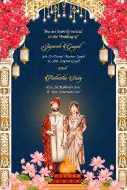 Royal Indian Cultural Theme Wedding Invitation Video with Bride Groom Illustration and Sangeet, Haldi, Mehendi, Dinner Party, Bharaat, Pheras, Reception