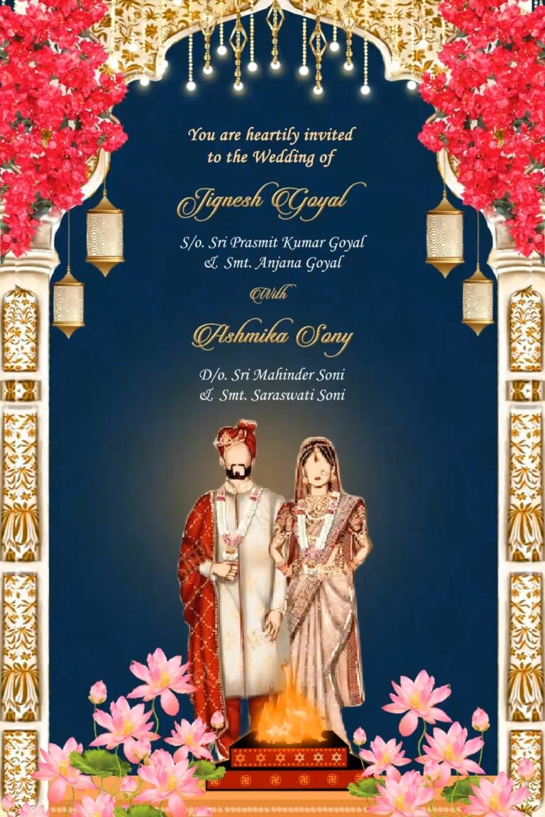 Royal Indian Cultural Theme Wedding Invitation Video with Bride Groom Illustration and Sangeet, Haldi, Mehendi, Dinner Party, Bharaat, Pheras, Reception