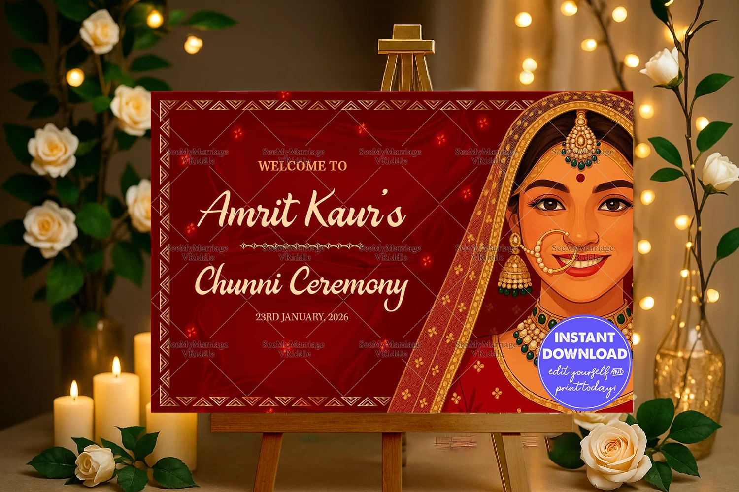 Royal Maroon Chunni Ceremony Welcome Board with Smiling Bride Illustration and Traditional Gold Detailing