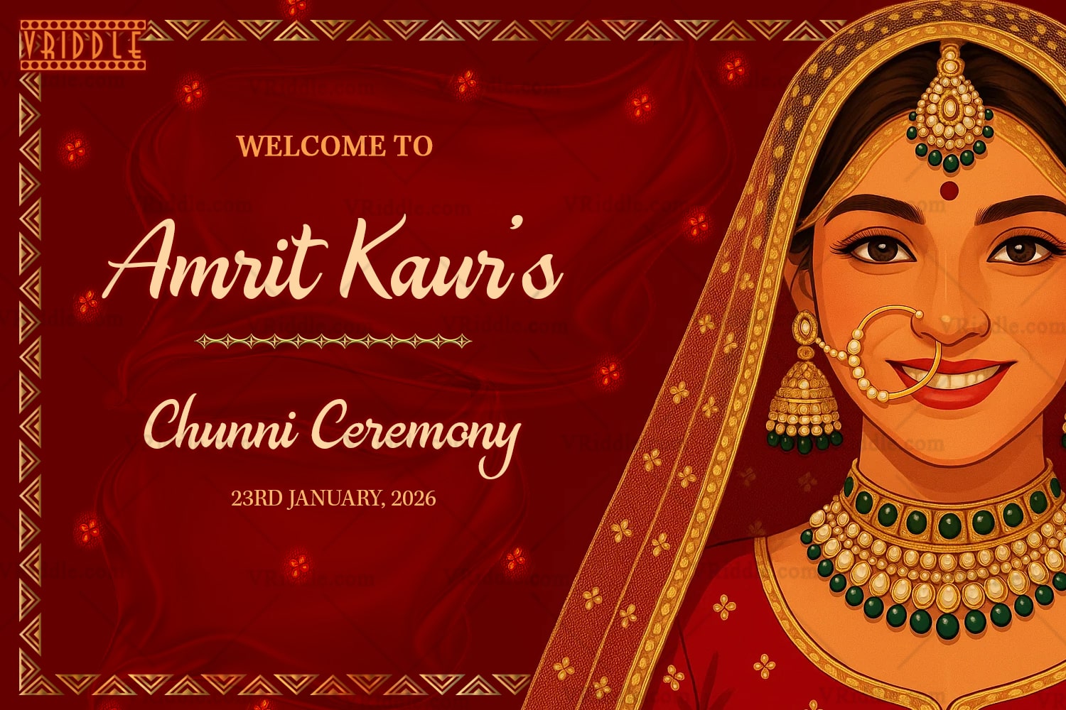Royal Maroon Chunni Ceremony Welcome Board with Smiling Bride Illustration and Traditional Gold Detailing