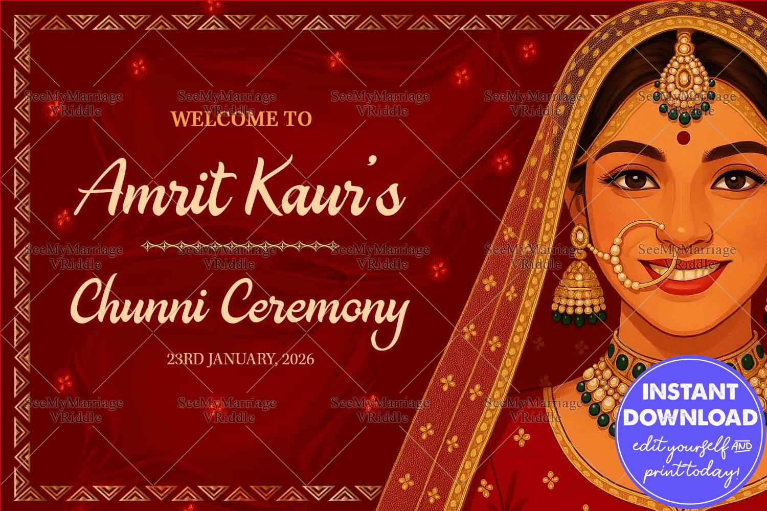 Royal Maroon Chunni Ceremony Welcome Board with Smiling Bride Illustration and Traditional Gold Detailing