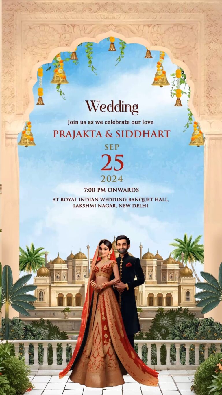 Royal Palace Background Wedding Invitation Video with Bride Groom Illustration and Engagement, Mehendi, Sangeet, Pre-Wedding Reception, Reception