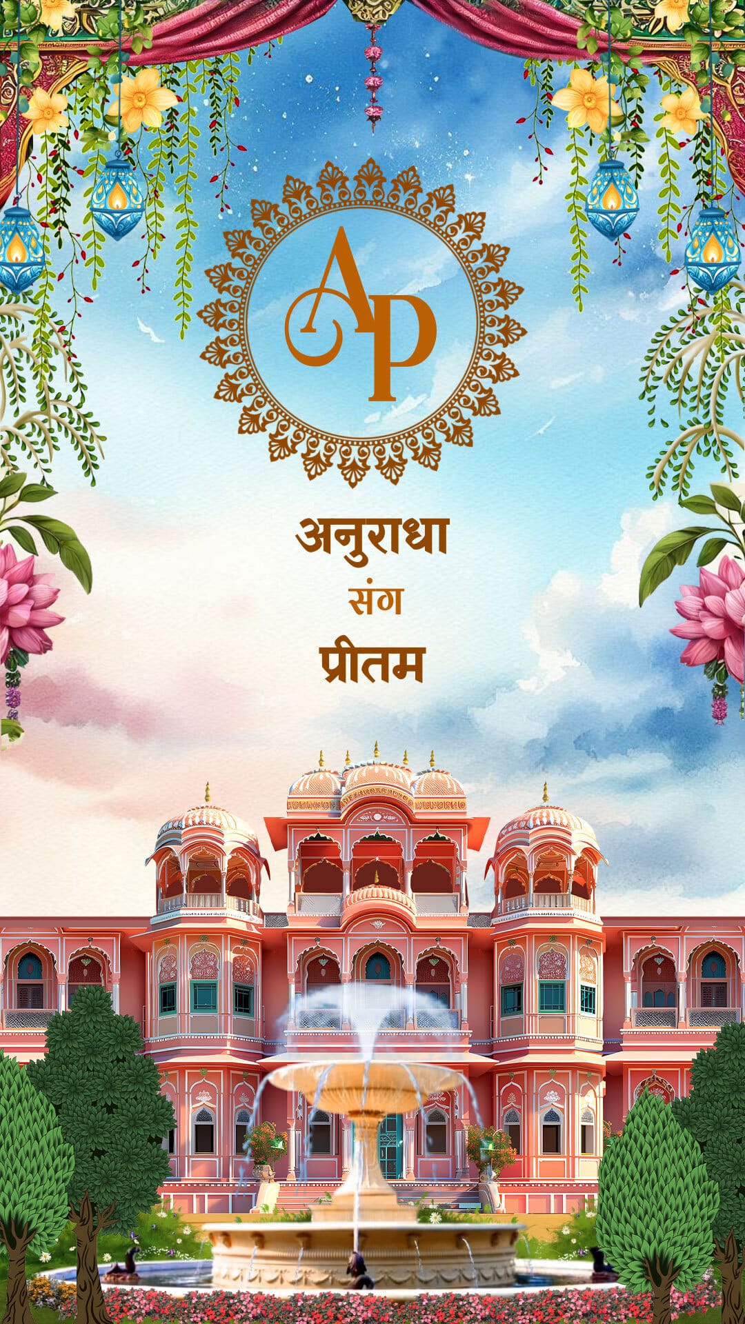 Royal Rajasthani Palace Minimal Hindi Wedding Invitation Video with Fountain, Haldi and Sangeet