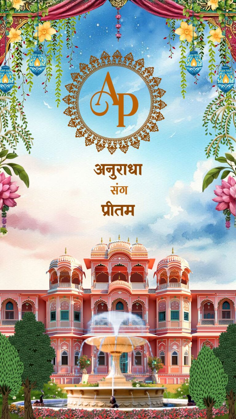 Royal Rajasthani Palace Minimal Hindi Wedding Invitation Video with Fountain, Haldi and Sangeet