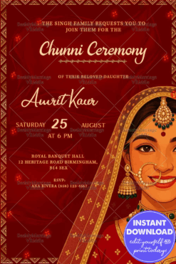 Royal Red Chunni Ceremony Invitation Card with Smiling Bride Illustration and Traditional Gold Detailing Border Accents