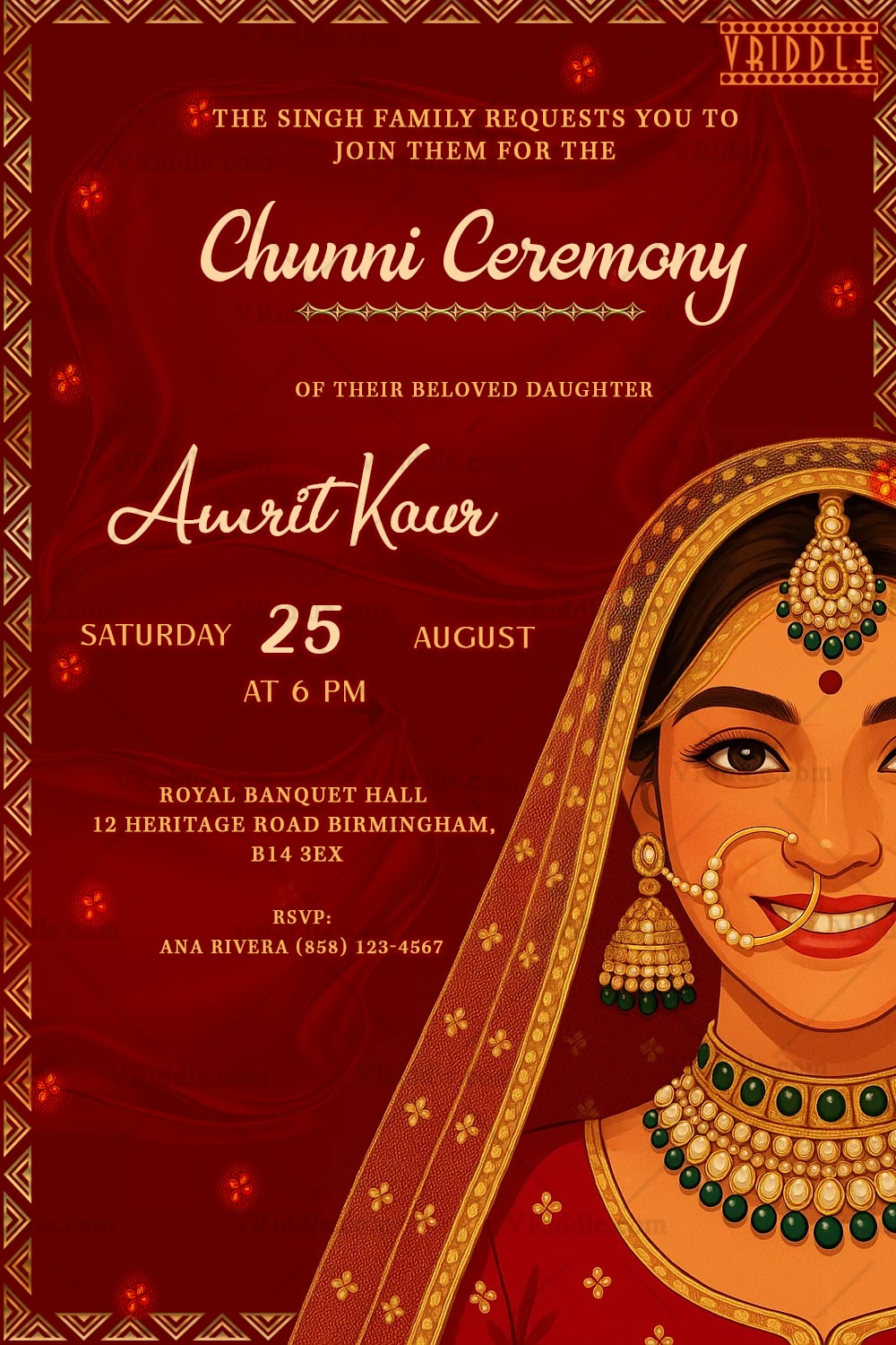 Royal Red Chunni Ceremony Invitation Card with Smiling Bride Illustration and Traditional Gold Detailing Border Accents