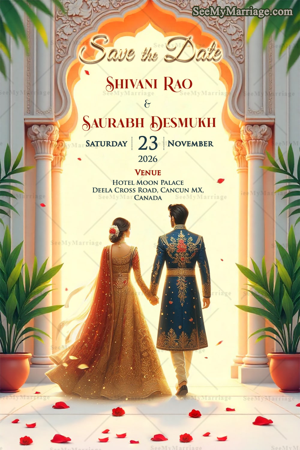 Save the Date Invitation with Royal Attire Indian Couple Illustration In cream Color grand palace Backdrop