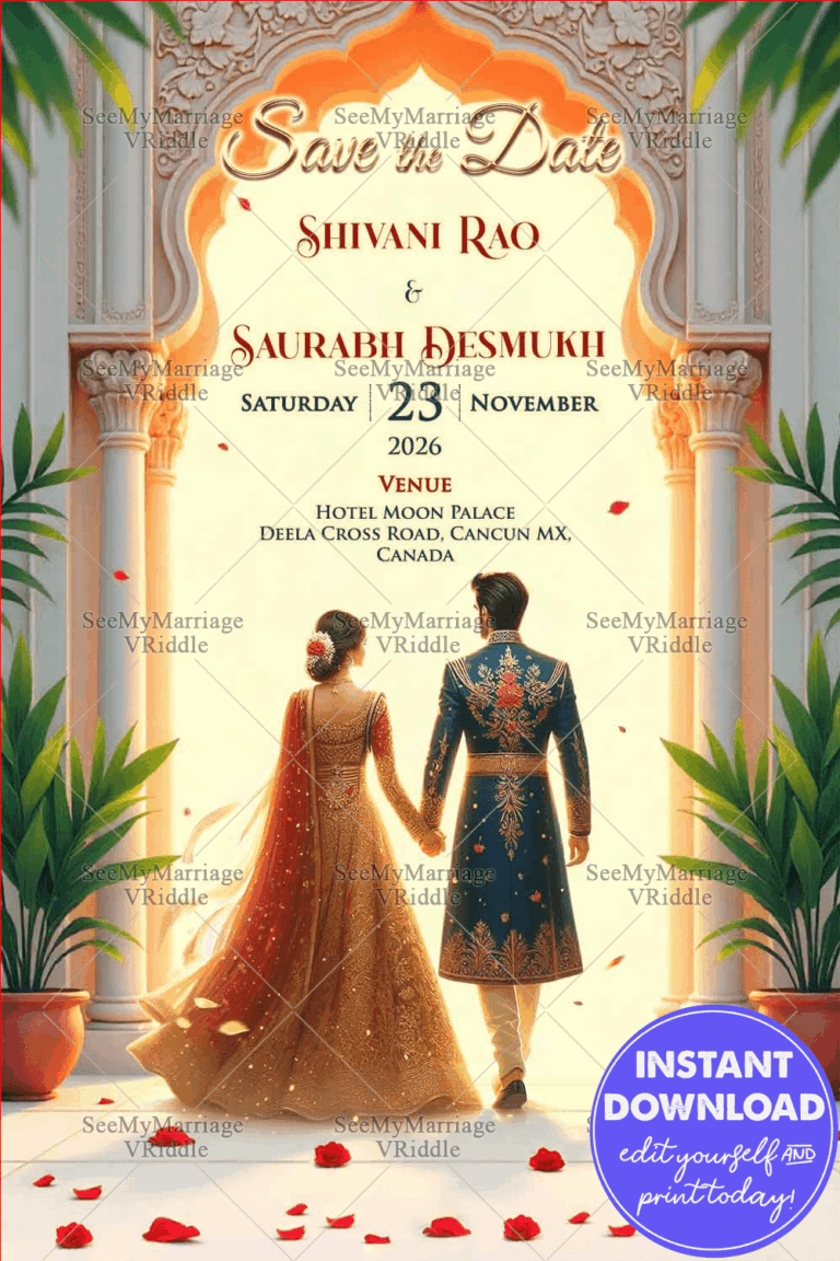 Save the Date Invitation with Royal Attire Indian Couple Illustration In cream Color grand palace Backdrop