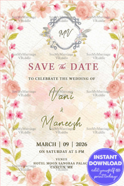 Save the Date Invitation with Watercolor Rose Floral and Monogram Design in Soft Pastel Texture Theme