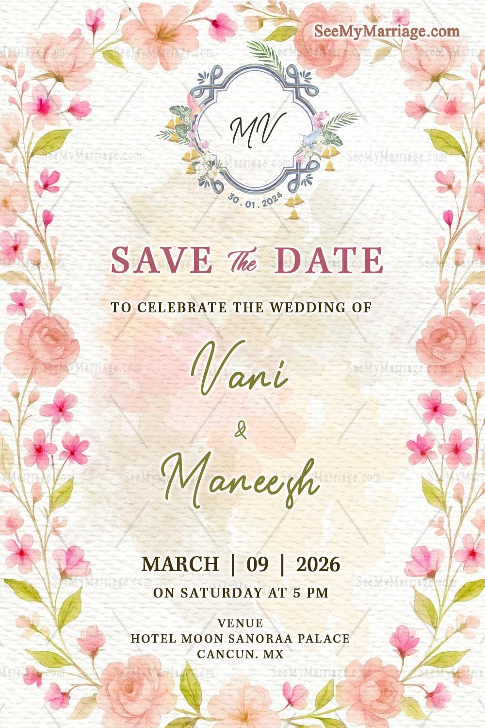Save the Date Invitation with Watercolor Rose Floral and Monogram Design in Soft Pastel Texture Theme