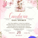 Spanish Baby Shower Invitation with Bunny Illustration and Pink Butterfly Accents on Floral Pastel Theme