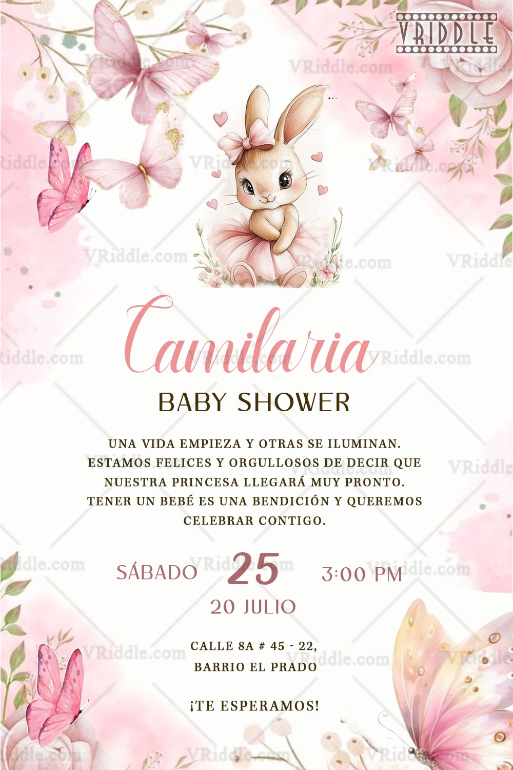 Spanish Baby Shower Invitation with Bunny Illustration and Pink Butterfly Accents on Floral Pastel Theme