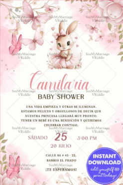 Spanish Baby Shower Invitation with Bunny Illustration and Pink Butterfly Accents on Floral Pastel Theme