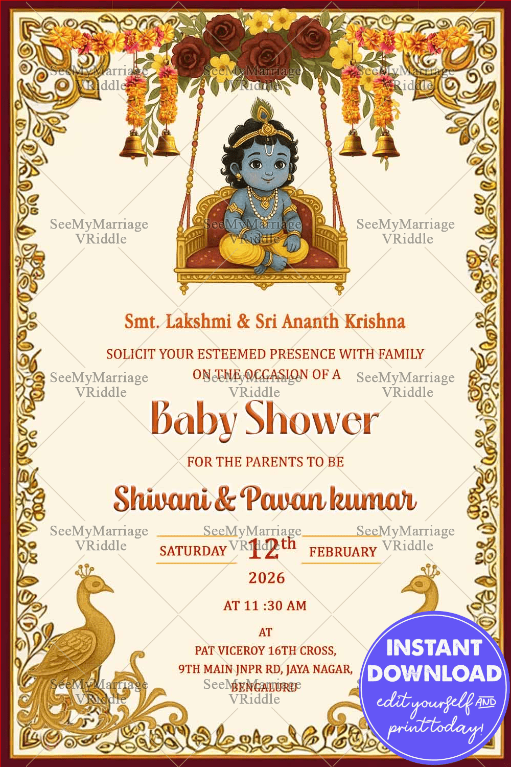 Swinging Little Krishna Theme Baby Shower Invitation Card with Floral Garland Peacock Accents and Bells on Cream Background