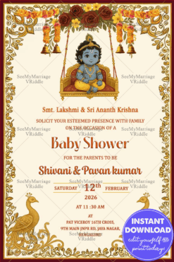 Swinging Little Krishna Theme Baby Shower Invitation Card with Floral Garland Peacock Accents and Bells on Cream Background