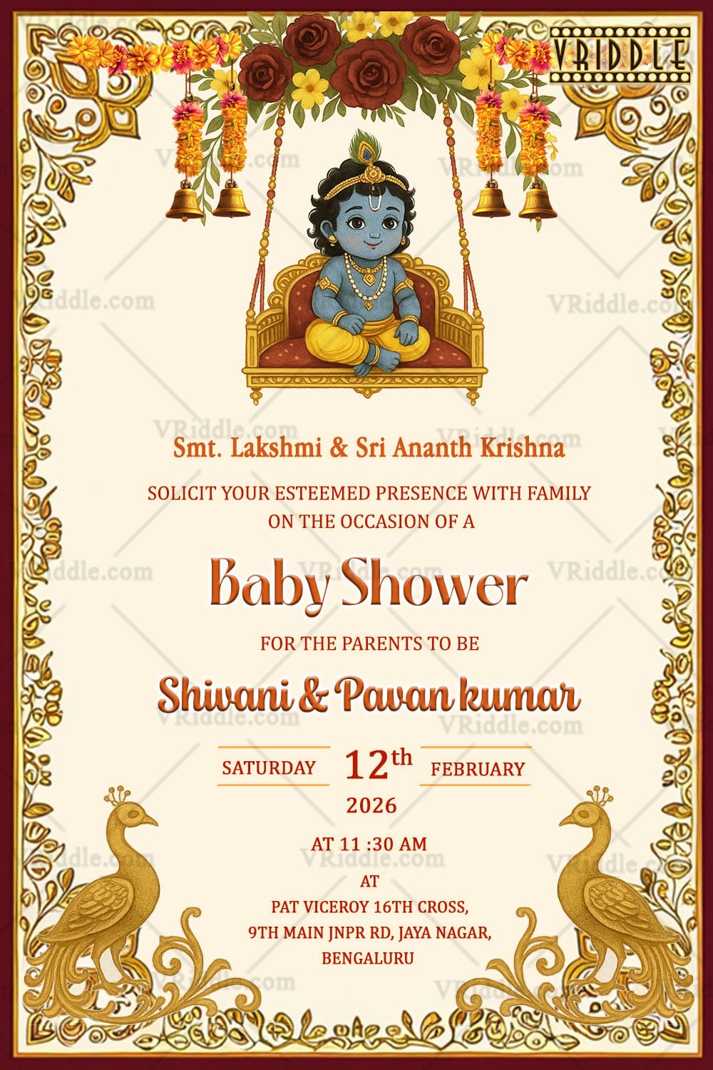 Swinging Little Krishna Theme Baby Shower Invitation Card with Floral Garland Peacock Accents and Bells on Cream Background