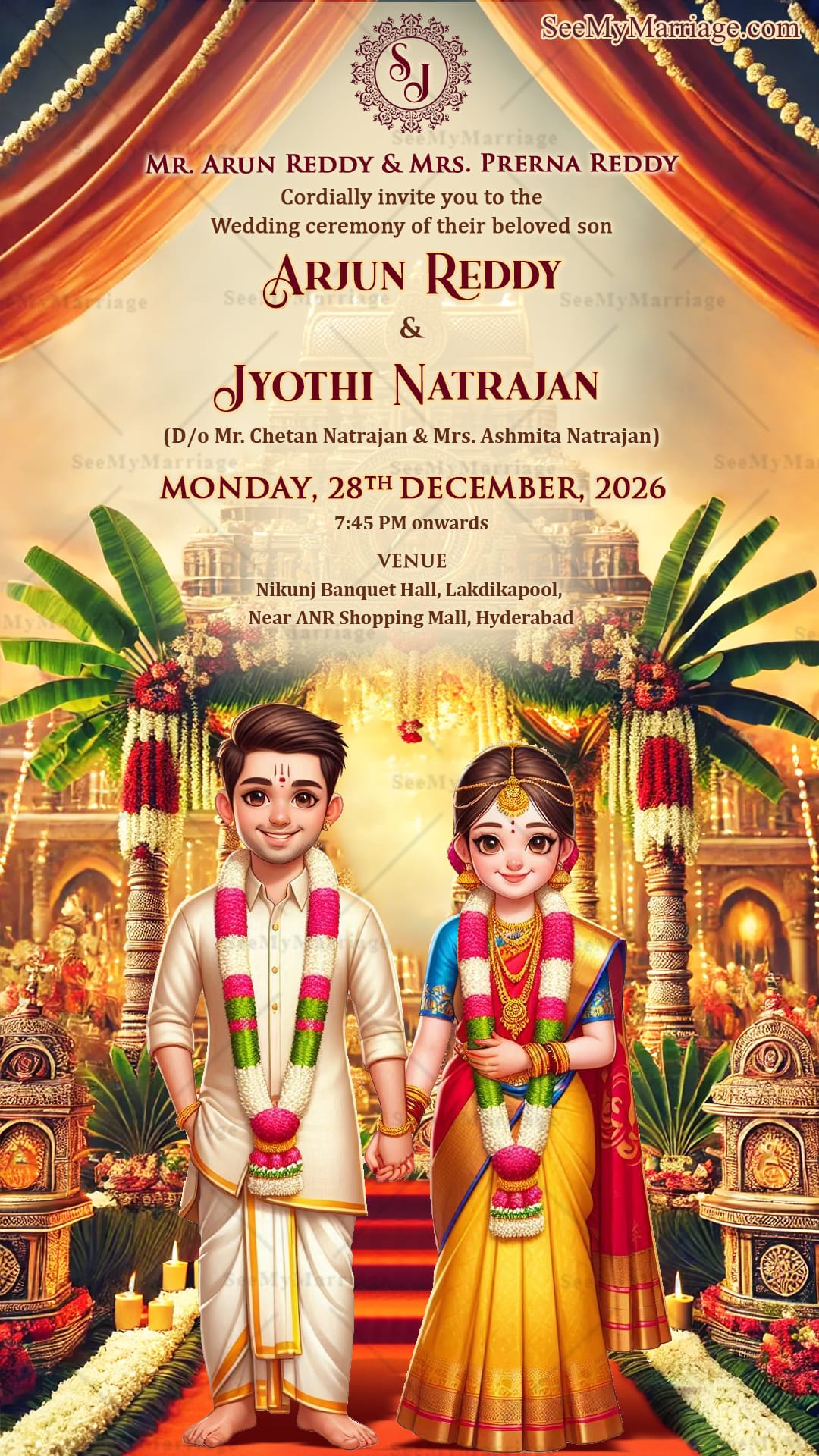 Tamil Theme Wedding Invitation Card with Couple Illustration, Temple Design and Floral Decor
