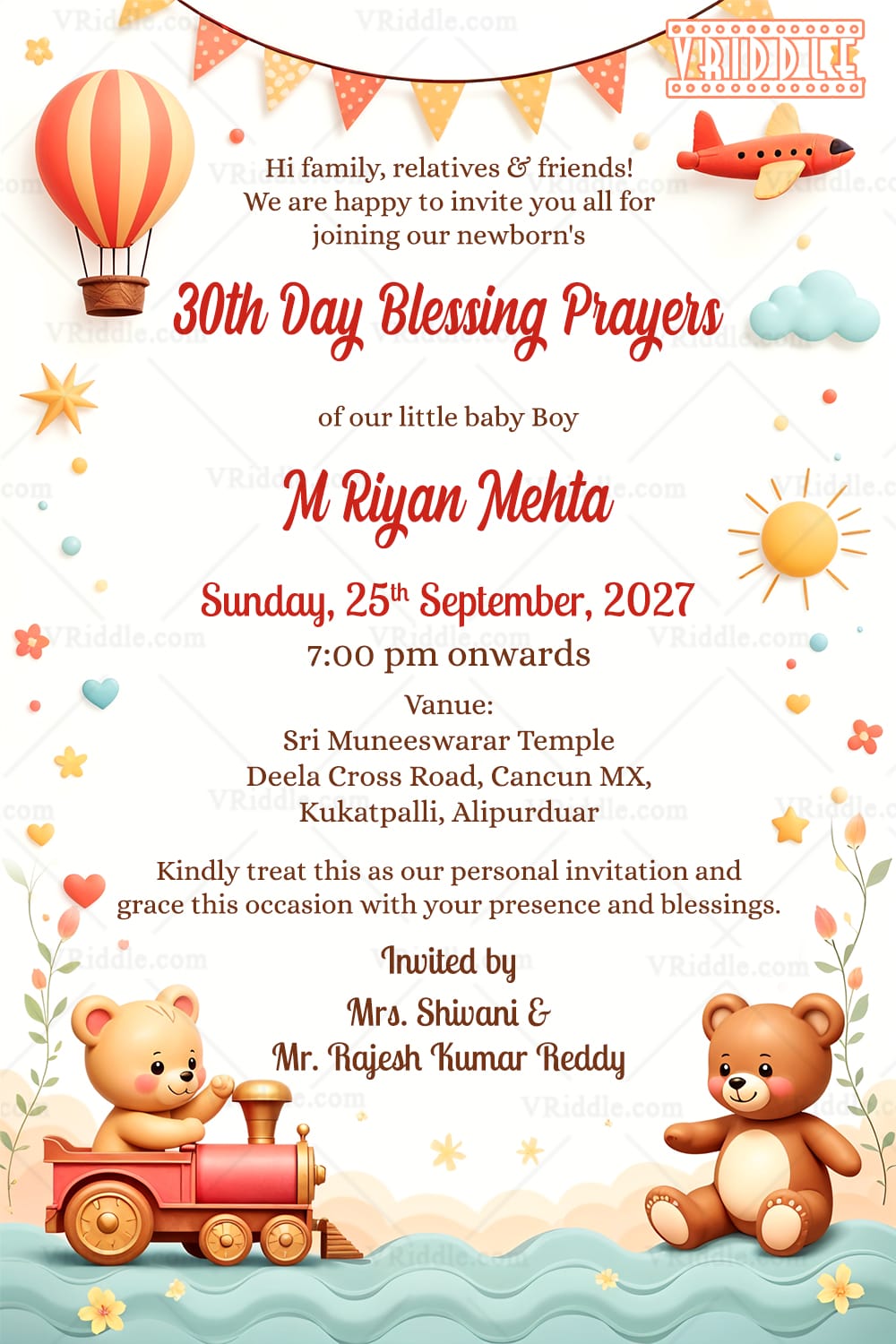 Teddy Theme 30th Day Baby Blessing Prayers Invitation Card with Train, Balloon and Airplane Design