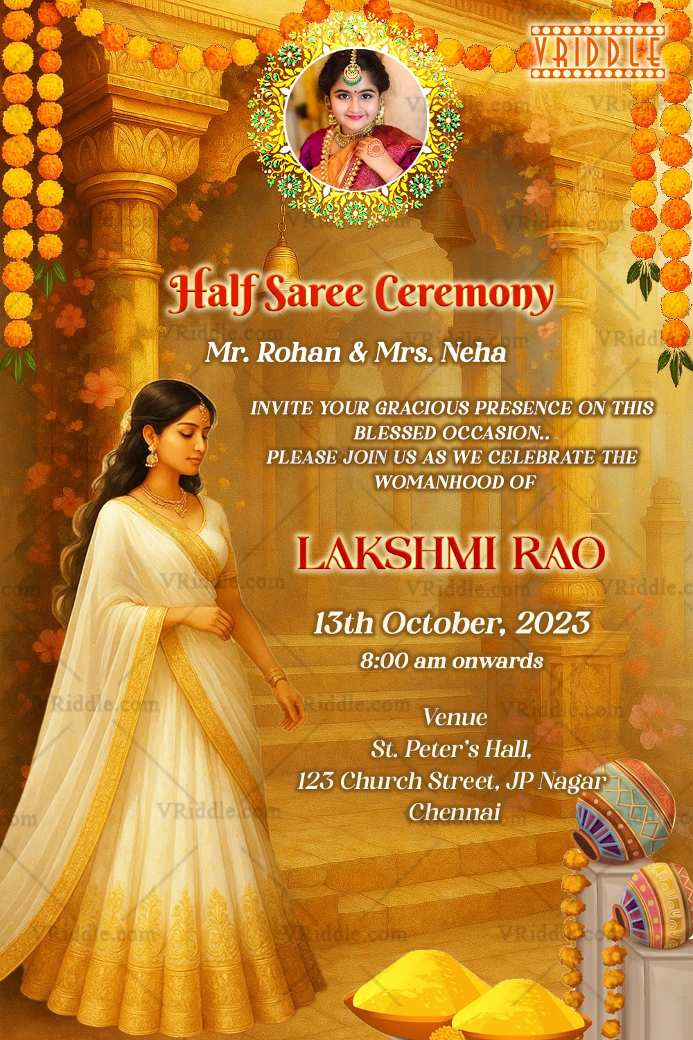 Temple-Inspired Half Saree Ceremony Invitation with Girl Illustration in White and Gold Attire and Add Photo Option