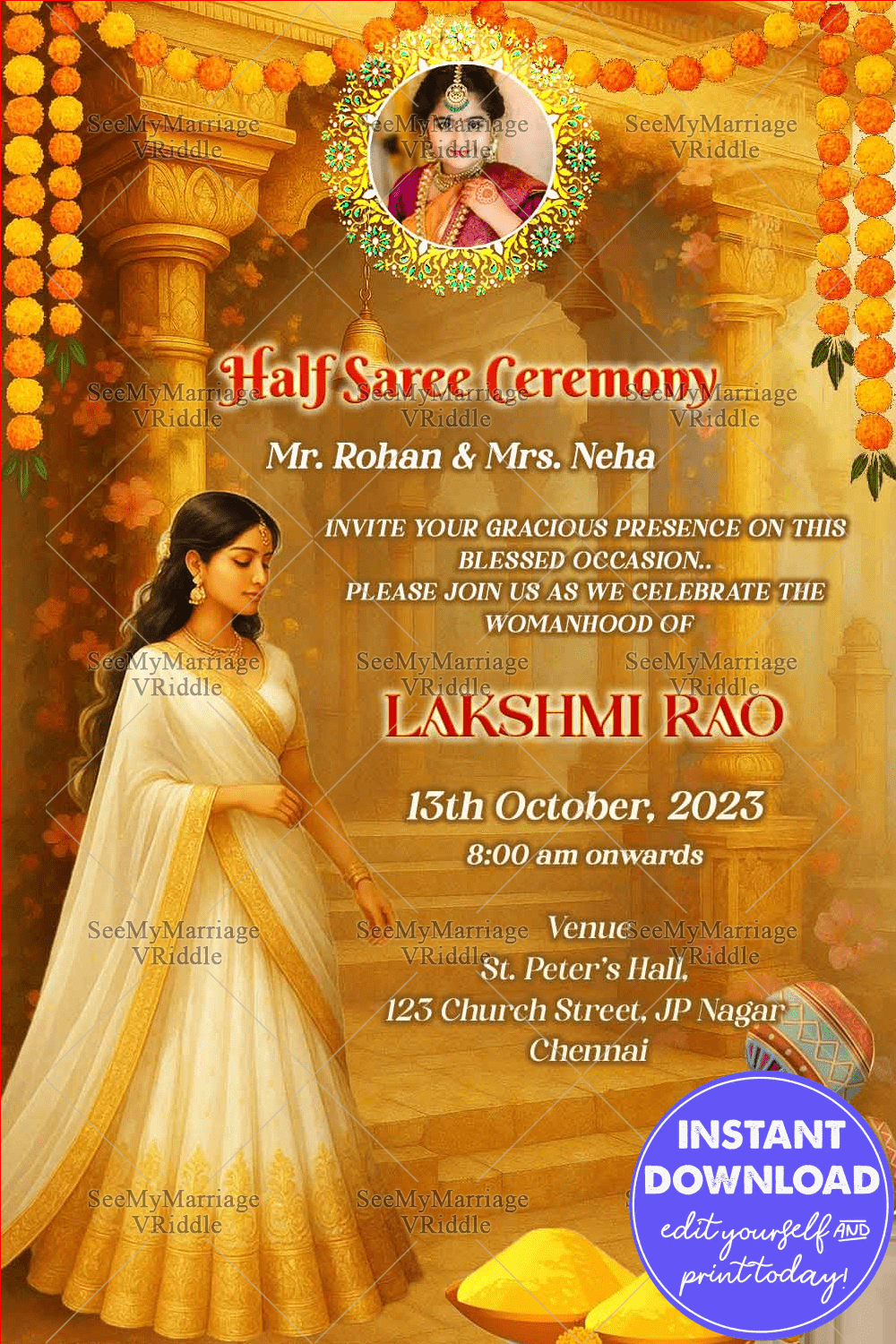 Temple-Inspired Half Saree Ceremony Invitation with Girl Illustration in White and Gold Attire and Add Photo Option
