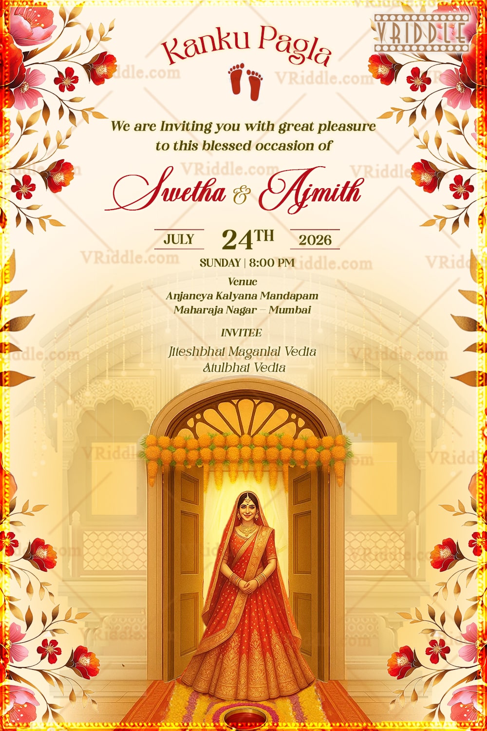 Traditional Kanku Pagla Ceremony Invitation with Royal Arch Backdrop and Floral Frame, Bride-Groom Illustration In Cream BG