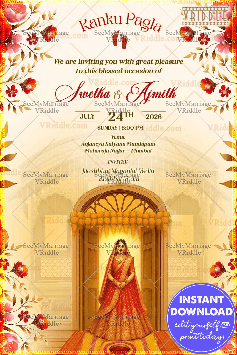 Traditional Kanku Pagla Ceremony Invitation with Royal Arch Backdrop and Floral Frame, Bride-Groom Illustration In Cream BG