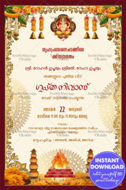 Traditional Malayalam Housewarming Invitation Card with Marigold Garlands and Sacred Fire with Mandala Design in White BG