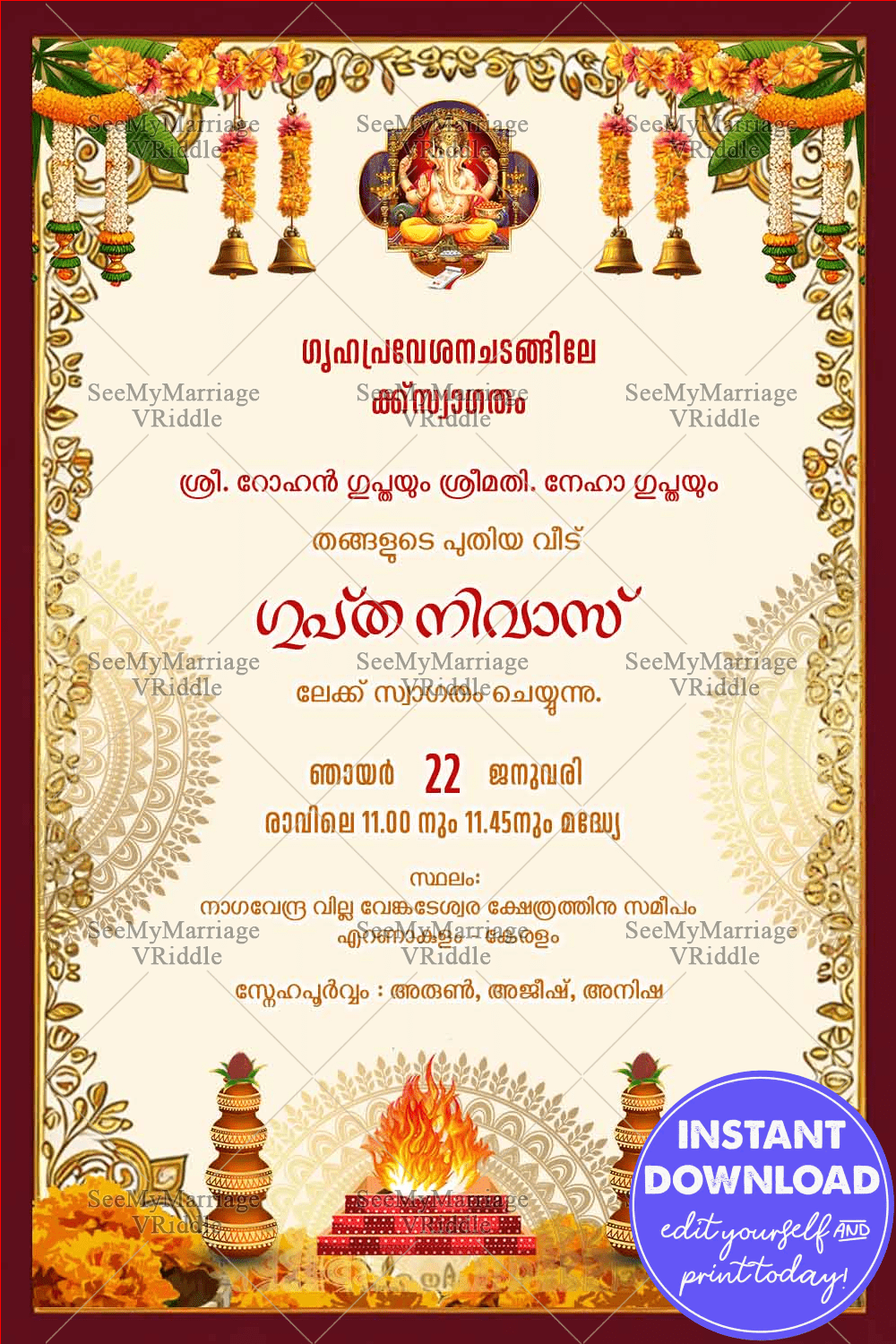 Traditional Malayalam Housewarming Invitation Card with Marigold Garlands and Sacred Fire with Mandala Design in White BG