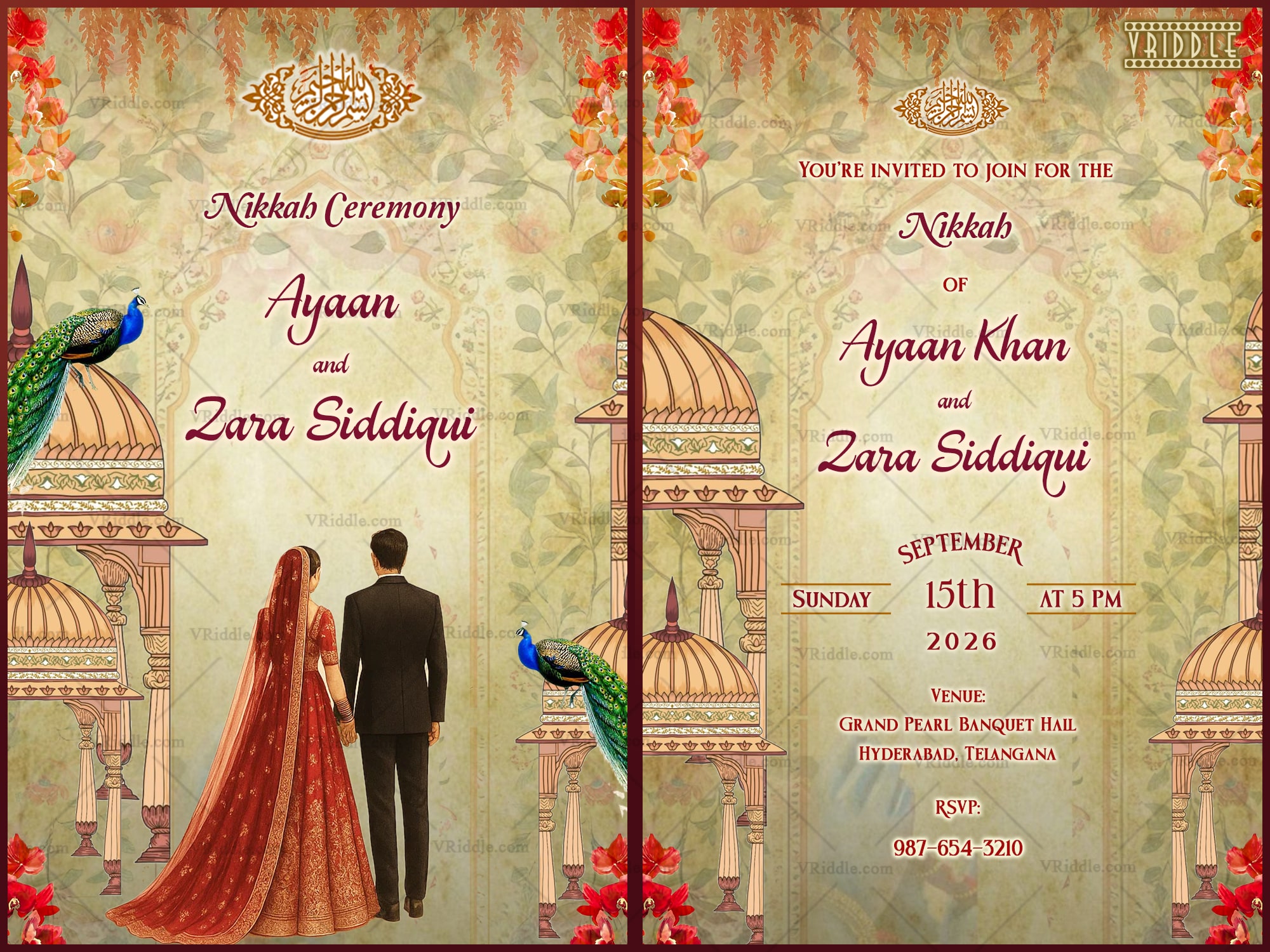 Two Leaf Islamic Nikkah Invitation Featuring a Bride-Groom Illustration with Mughal Domes, Floral Vines and Peacock